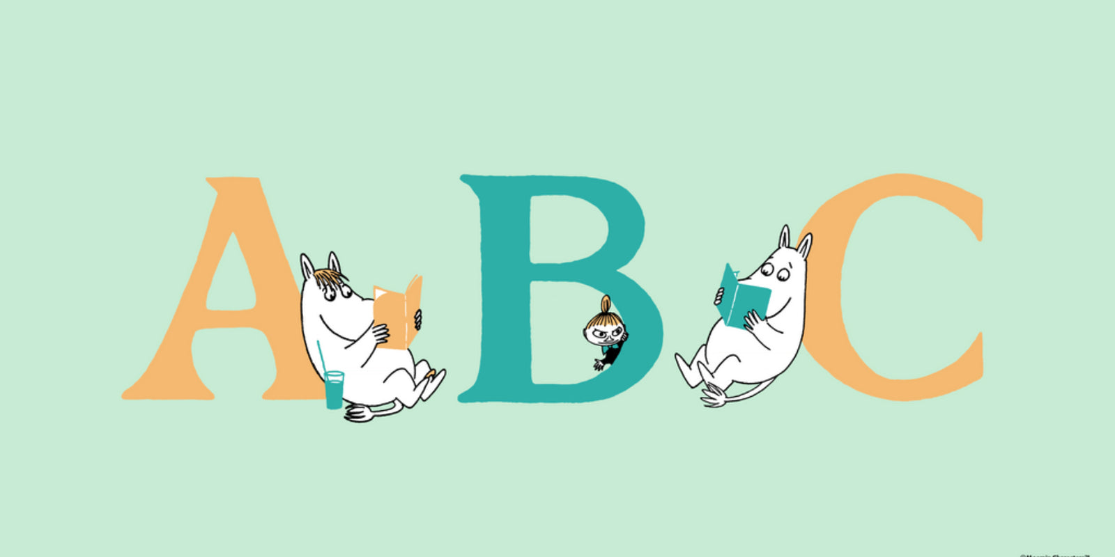 green banner with A B C letters and characters reading beside them