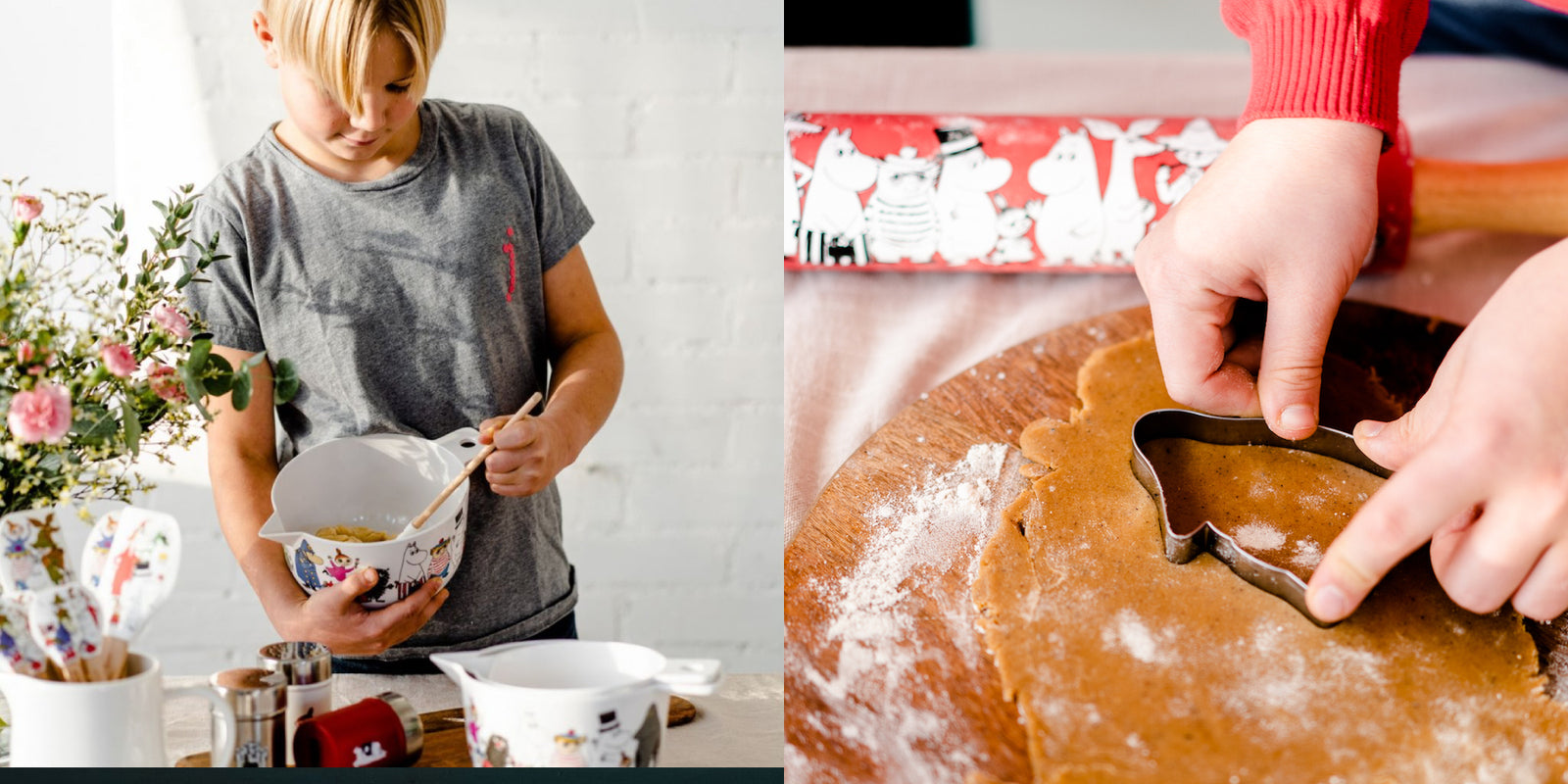 Table set up with moomin baking tools and dough