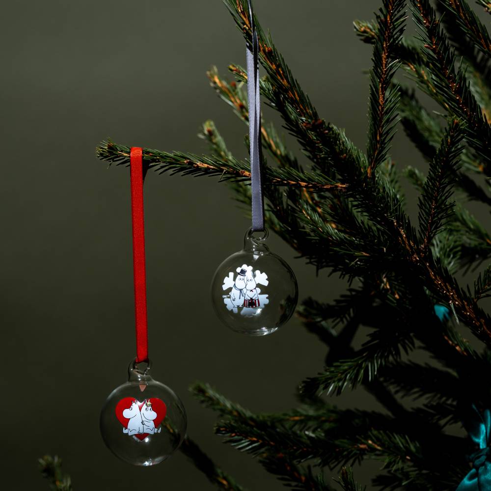 Moomin Heart &amp; Snowflake Glass Bauble 5cm 2set - The Official Moomin Shop